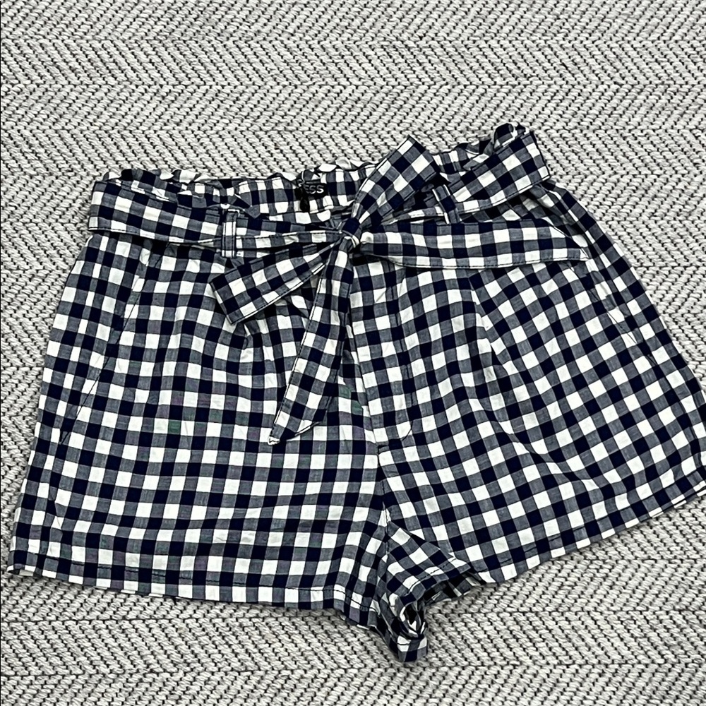 Express Women's Navy and White Gingham Tie-Waist High Rise Shorts